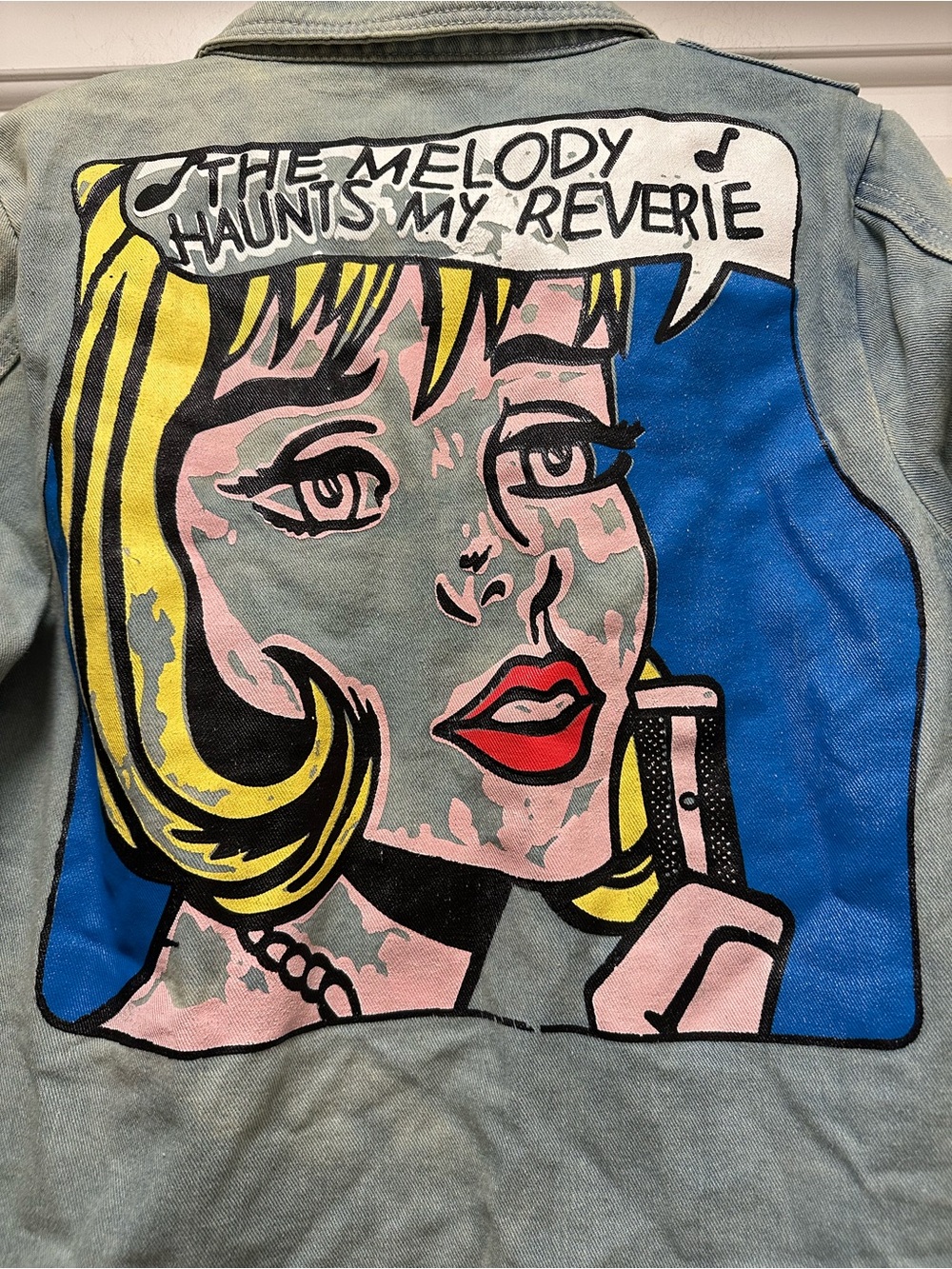 Light Blue Distressed Denim Jean Jacket with Graphic Print - Picture 3 of 4